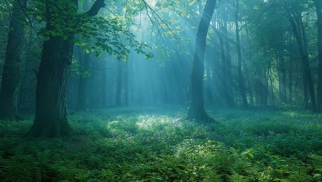 Sunbeams bathing misty forest clearing with fern-covered floor and towering oak trunks