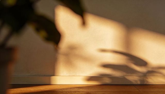 Casting golden monstera shadows on textured wall and hardwood floor with warm sunlight