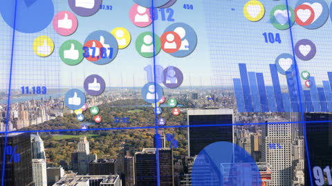 Digital Interface with Social Media Engagement Over Cityscape