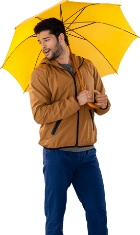 Young Man With Yellow Umbrella on Transparent Background