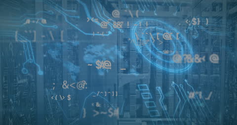 Cybersecurity Concept with Digital Data Overlay on Server Infrastructure