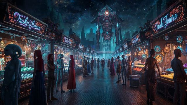 Futuristic alien marketplace with neon and mechanical statue