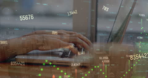 Businesswoman Analyzing Global Data on Laptop in Cafe