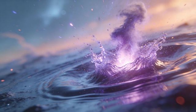Glowing Purple Vortex Splash Rising on Ocean Surface at Dusk Cinematic Surreal Energy