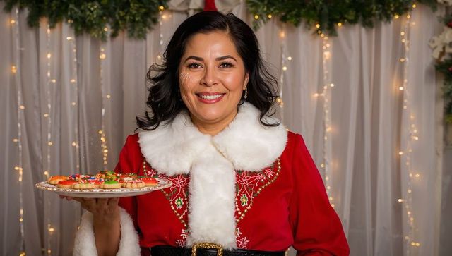 Hispanic woman in festive red dress holding tray of christmas cookies