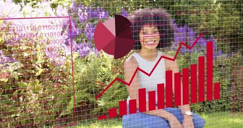 Smiling woman in garden with red data visuals overlays showing growth charts and analytics