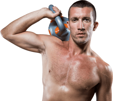 Confident Shirtless Male Athlete Holding Kettlebell on Transparent Background