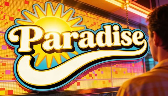 Glowing paradise neon sign featuring sun logo over led mosaic retro arcade nightlife