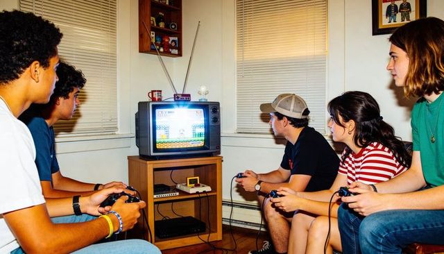 Teens playing retro console on crt tv, wired controllers, living room nostalgia