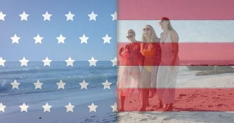 Friends Celebrating USA Beach Day with American Flag Overlay