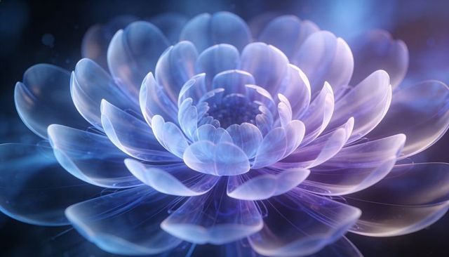 Translucent iridescent fractal flower unfolding petals revealing luminous core macro glow