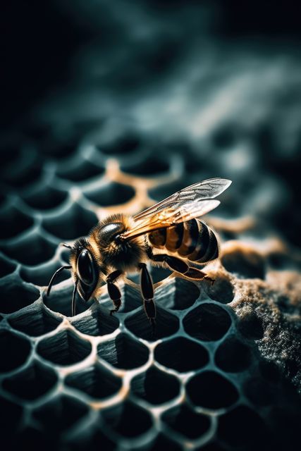 Close-up shot of a honeybee on honeycomb, highlighting detailed textures and natural patterns in a dark setting. Suitable for use in educational materials, ecological studies, and designs focused on nature or wildlife.