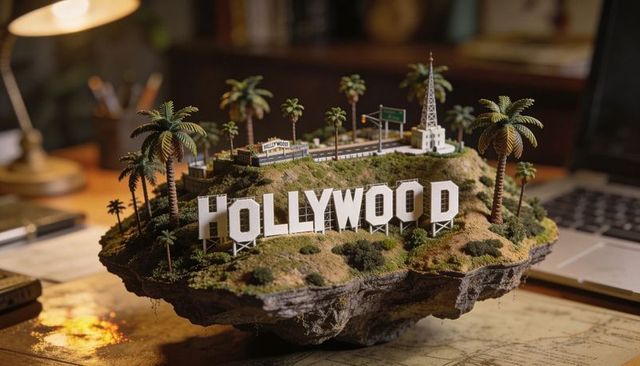 Floating hollywood hills diorama on wood desk displaying miniature hollywood sign and palms