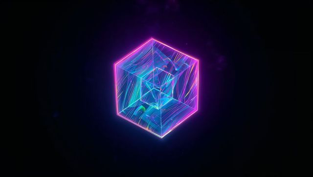 Floating neon cube with nested cube and multicolored trails