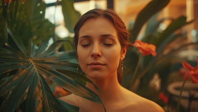 Serene Woman Relaxing in Lush Greenhouse Surrounded by Exotic Plants