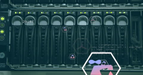 Futuristic Ecology Symbol Overlay on Server Rack