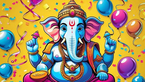Festive Illustration of Ganesha with Modak and Vibrant Decorations