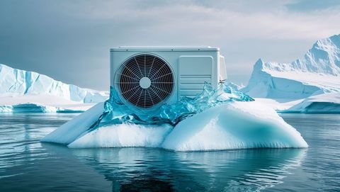 Air conditioning unit balancing on melting iceberg in polar sea