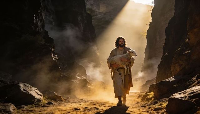 Walking shepherd carrying lamb through sunlit rocky canyon with golden dust beam and mist