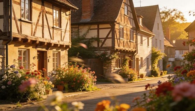 Timber-framed cottage bathing in golden hour light along flower-lined village lane
