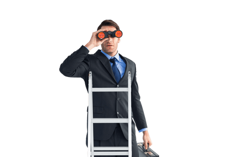Transparent businessman on ladder observing with binoculars