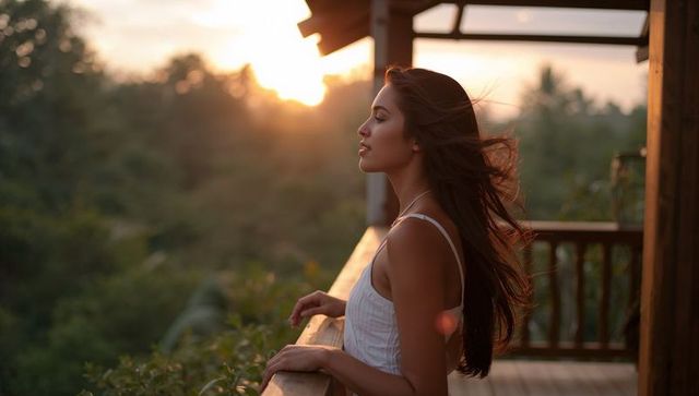 Young woman leaning on wooden balcony railing gazing at sunset during golden hour