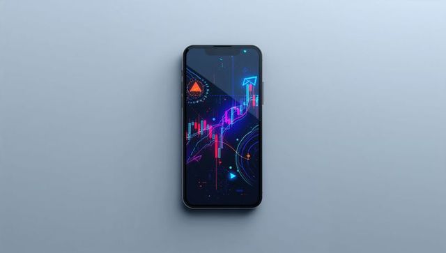 Smartphone showing neon candlestick crypto trading chart minimalist blue tabletop for app