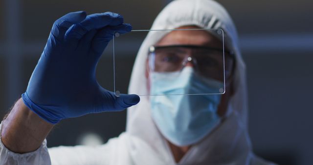 A scientist wearing protective gear including mask, gloves, and goggles is holding up a glass slide in a research laboratory. This image is suitable for articles on laboratory safety, scientific research, biotechnology, medical advancements, or educational materials. It can also be used in promotional materials for scientific institutions or safety equipment providers.