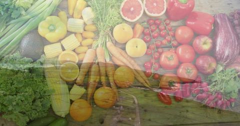 Double exposure fresh produce rustic wood marsh boardwalk colorful market still life