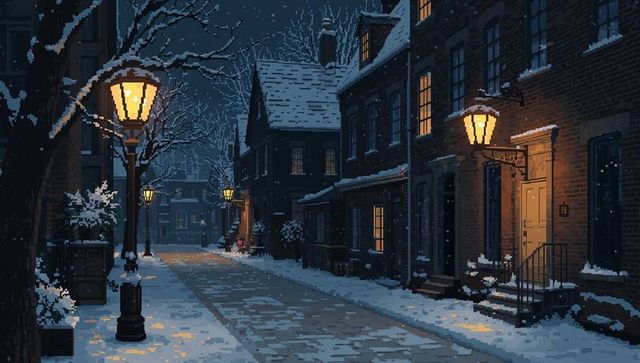Glowing snow-covered street lining brick houses at night with vintage lamps, lit windows