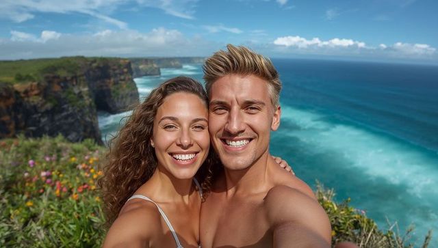 Smiling couple taking selfie on coastal cliff with turquoise ocean, flowers and blue sky