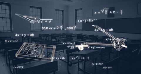 Mathematical Equations and School Icons Float in Empty Classroom - Download Free Stock Images Pikwizard.com