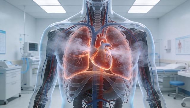 Transparent torso visualizing glowing heart and vapor-filled lungs in clinical ward