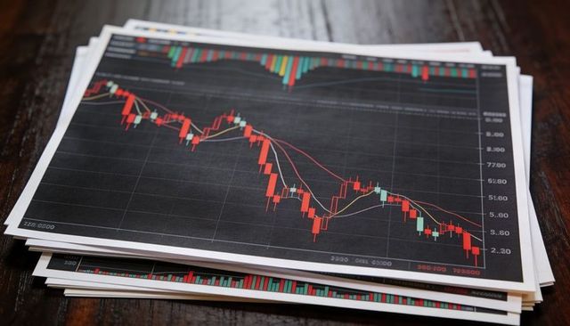 Printed stock charts displaying bearish candlestick downtrend on dark wood surface
