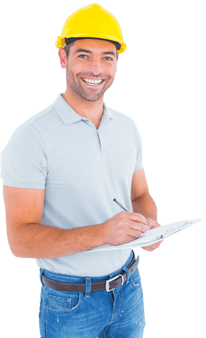 smiling manual worker with hard hat writing on transparent clipboard - Download Free Stock Videos Pikwizard.com