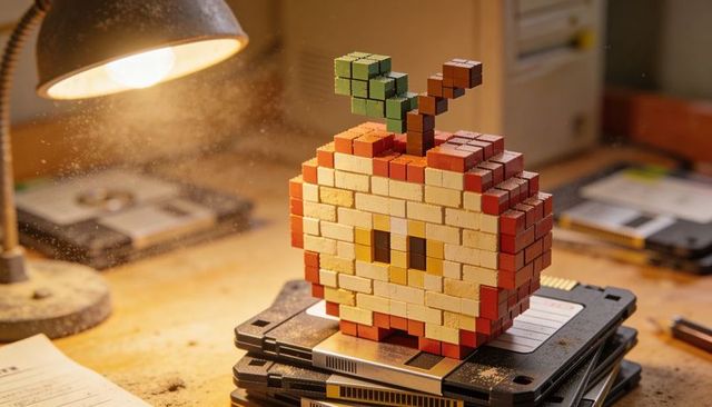 Voxel apple sculpture resting on retro floppy disks under warm desk lamp