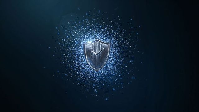 Glowing Metallic Shield With Checkmark and Particle Halo Representing Cybersecurity