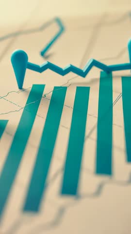 Vertical video panning across teal bar chart tracking financial trends and performance metrics