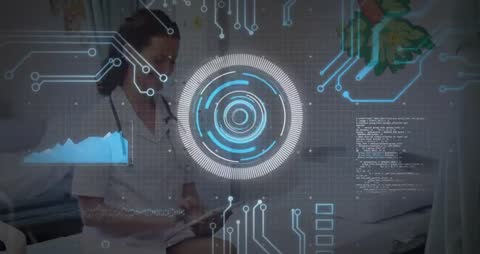 Nurse Using Tablet with Futuristic Holographic Interface in Hospital