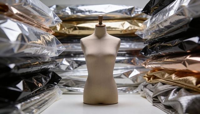 Beige dress form standing among metallic silver and gold fabric rolls in fashion workshop