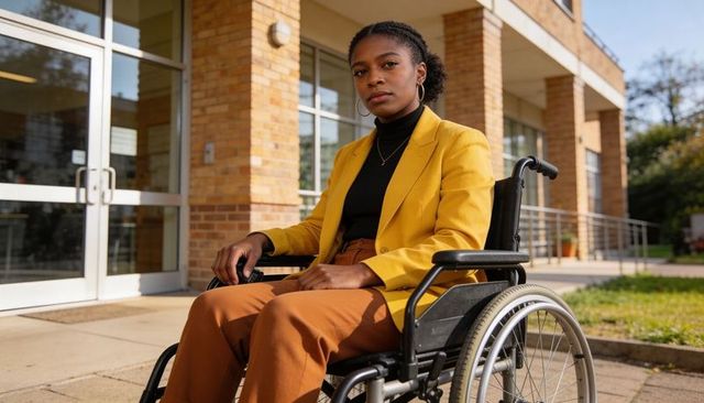 Confident woman in wheelchair by campus entrance wearing mustard blazer and rust pants