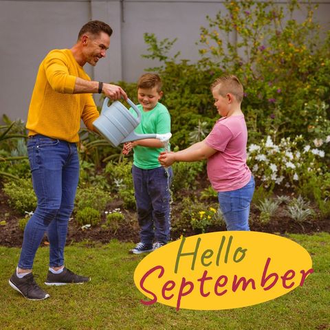father and sons gardening with 'hello september' text - Download Free Stock Templates Pikwizard.com