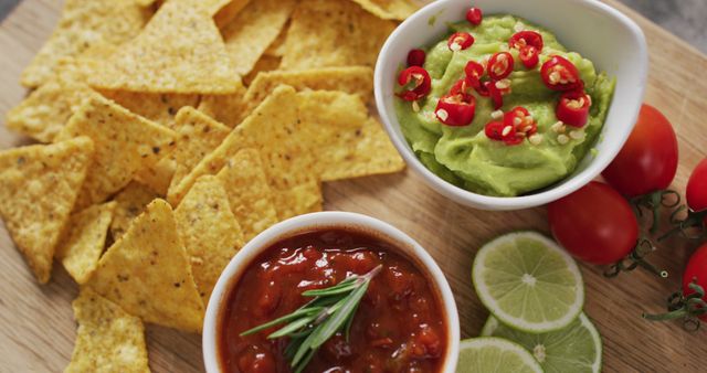 This image shows a spread of corn tortilla chips served with bowls of guacamole topped with red chili slices and salsa garnished with rosemary. Fresh tomatoes and lime slices are also visible, representing a Mexican-style appetizer setup. This image can be used for food blogs, recipe websites, party themes, and promotional materials for restaurants or catering services.