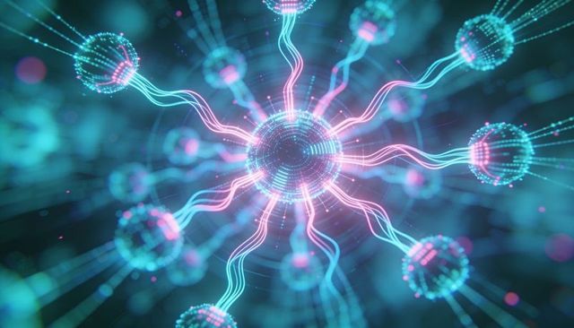 Neon data hub radiating cyan and magenta filaments connecting digital nodes in ai network
