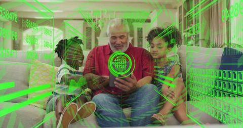 Grandfather and grandchildren interacting with tablet using green augmented reality hud