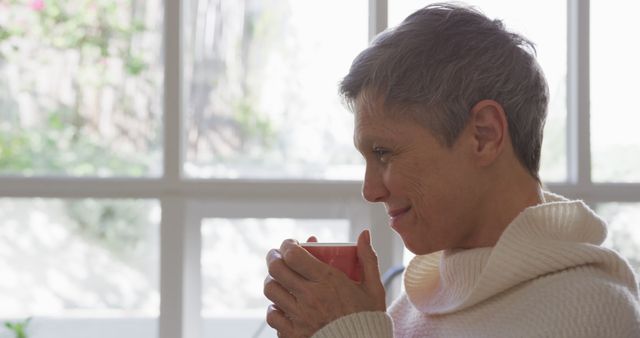 Senior Woman Enjoying Hot Beverage by Window - Download Free Stock Images Pikwizard.com