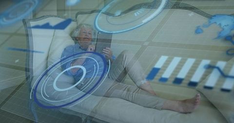 Senior Woman Embracing Technology in Smart Home Environment