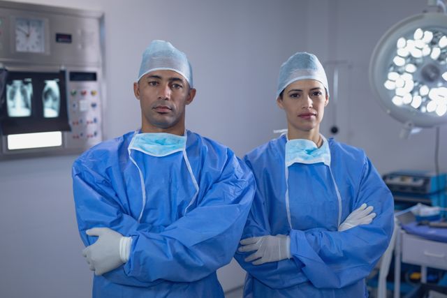 Portrait of surgeons standing with arms crossed in operating room at hospital