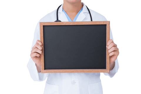 Transparent doctor holding blank blackboard for medical messages