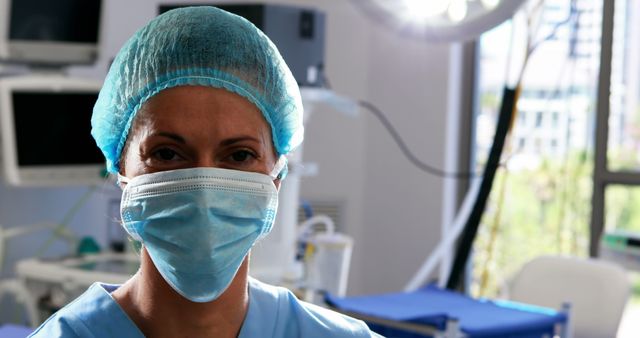 Portrait of female nurse in surgical mask at operation theater